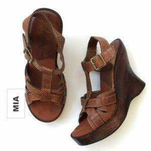 Mia Joplyn Brown Leather/Wood Wedge Sandals, Size 8, Excellent Condition